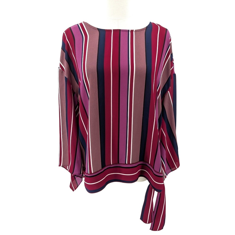 Striped Blouse Tie Hem Flowy Long Sleeve Pink Burgundy L Office Work Casual